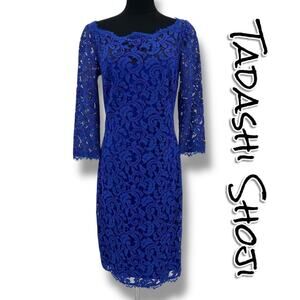 Tadashi Shoji Embroidered Lace 3/4 Sleeve Sheath Dress Blue Cocktail Womens Sz 8